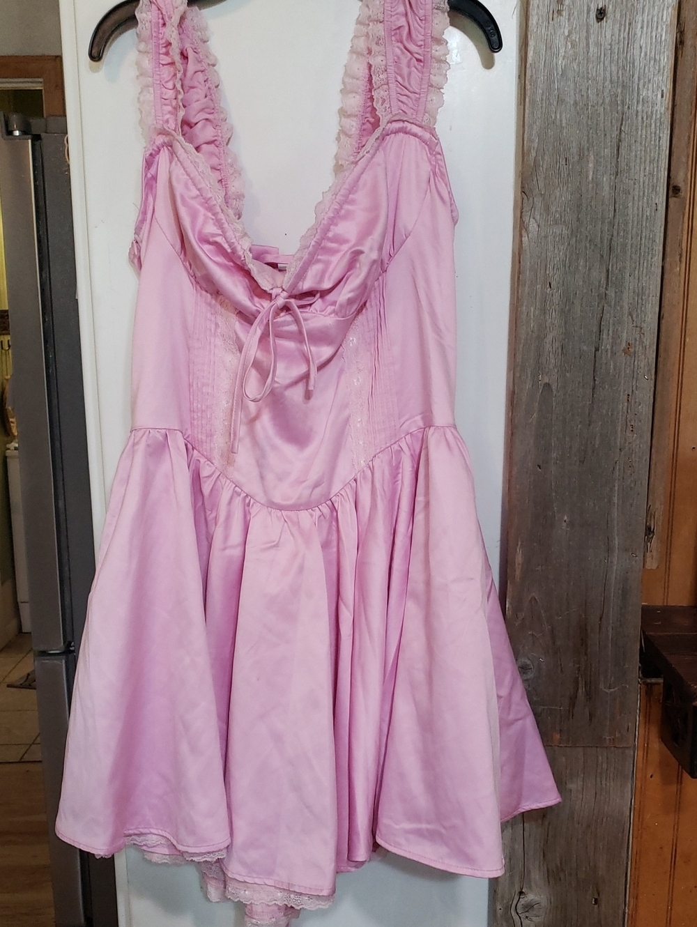 Pink Satin Ruffle Corset Lace Up Back Dress Large